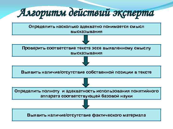 Алгоритм действий эксперта Определить насколько адекватно понимается смысл высказывания Проверить соответствие текста эссе выявленному