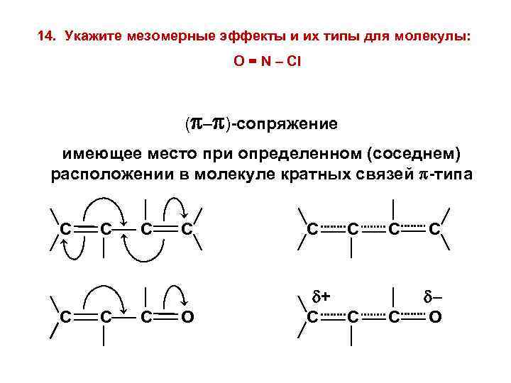 14. Укажите мезомерные эффекты и их типы для молекулы: O = N – Cl