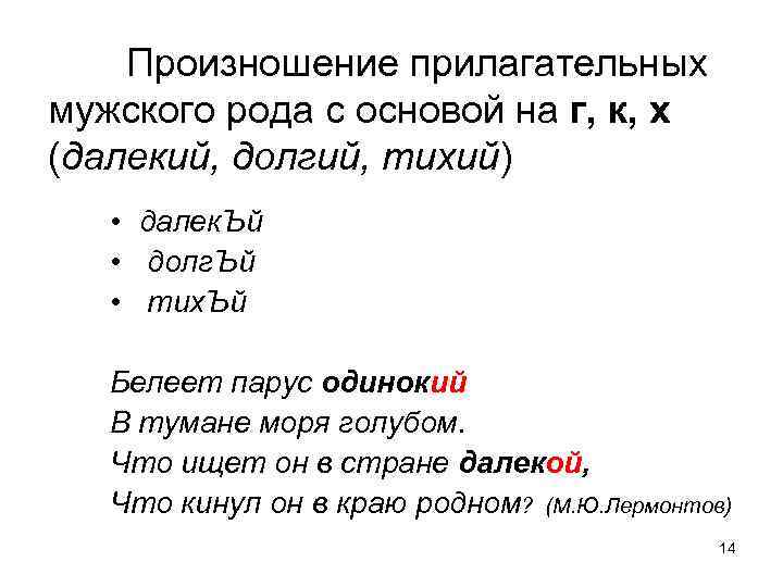 Произношение прилагательных мужского рода с основой на г, к, х (далекий, долгий, тихий) •
