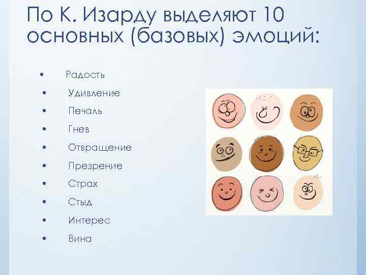 По К. Изарду выделяют 10 основных (базовых) эмоций: • Радость • Удивление • Печаль