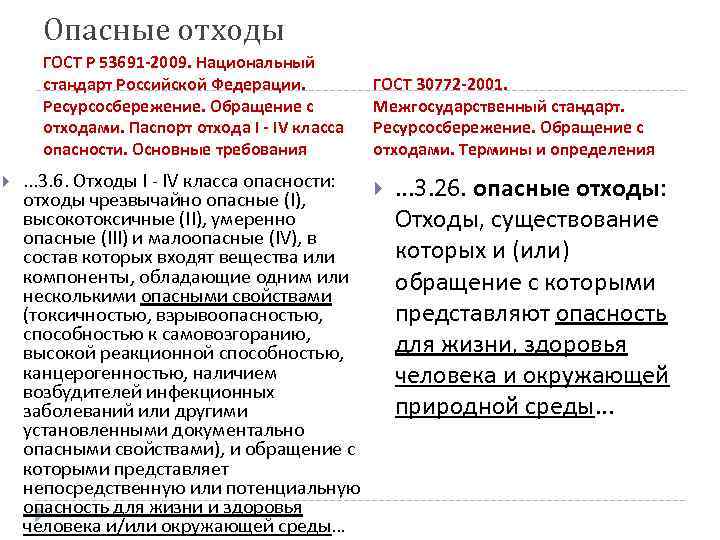 Опасные отходы ГОСТ Р 53691 -2009. Национальный стандарт Российской Федерации. Ресурсосбережение. Обращение с отходами.