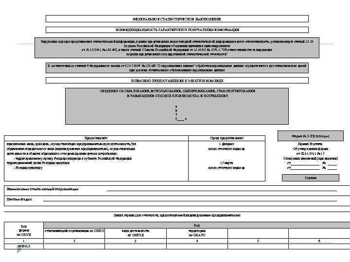 ФЕДЕРАЛЬНОЕ СТАТИСТИЧЕСКОЕ НАБЛЮДЕНИЕ КОНФИДЕНЦИАЛЬНОСТЬ ГАРАНТИРУЕТСЯ ПОЛУЧАТЕЛЕМ ИНФОРМАЦИИ Нарушение порядка представления статистической информации, а равно