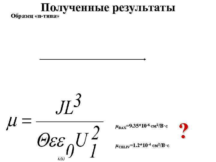 Полученные результаты Образец «n-типа» μВАХ=9. 35*10 -6 см 2/В·с μCELIV=1. 2*10 -4 см 2/В·с