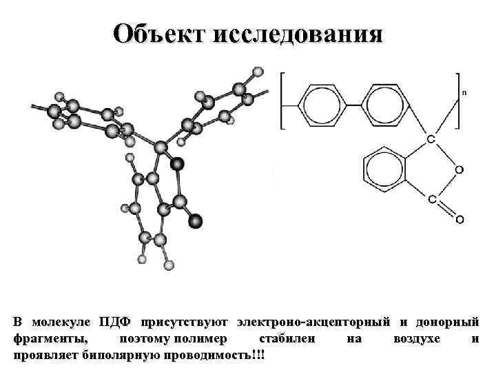 Объект исследования В молекуле ПДФ присутствуют электроно-акцепторный и донорный фрагменты, поэтому полимер стабилен на