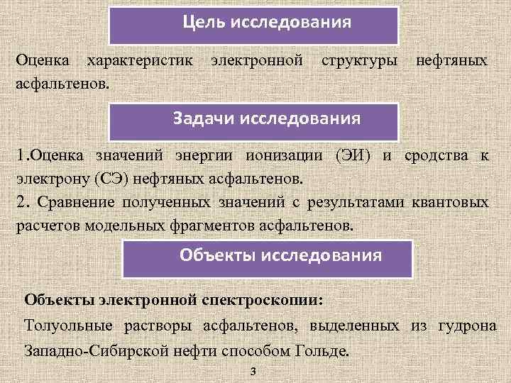 Цель исследования Оценка характеристик асфальтенов. электронной структуры нефтяных Задачи исследования 1. Оценка значений энергии