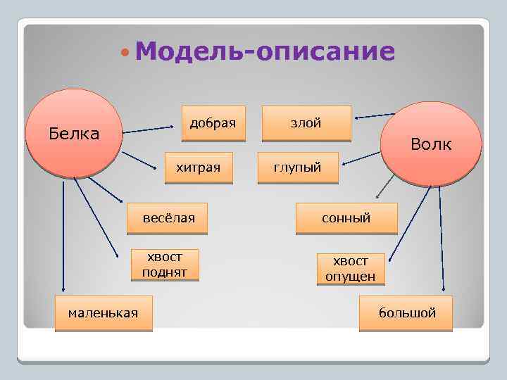  Модель-описание добрая Белка злой Волк хитрая глупый весёлая хвост поднят маленькая сонный хвост