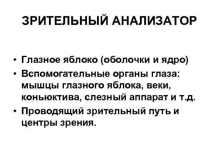 ЗРИТЕЛЬНЫЙ АНАЛИЗАТОР • Глазное яблоко (оболочки и ядро) • Вспомогательные органы глаза: мышцы глазного