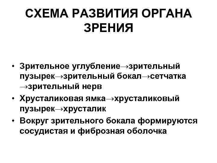 СХЕМА РАЗВИТИЯ ОРГАНА ЗРЕНИЯ • Зрительное углубление→зрительный пузырек→зрительный бокал→сетчатка →зрительный нерв • Хрусталиковая ямка→хрусталиковый