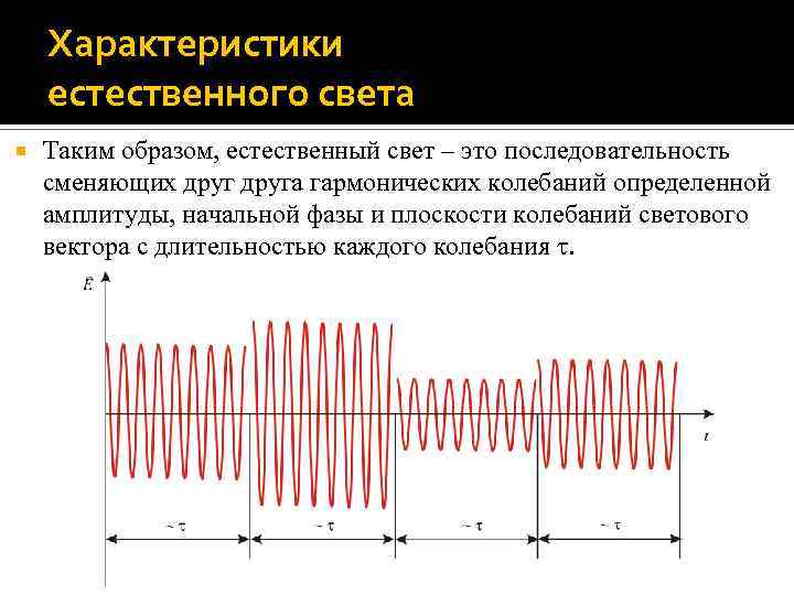 Характеристики естественного света Таким образом, естественный свет – это последовательность сменяющих друга гармонических колебаний