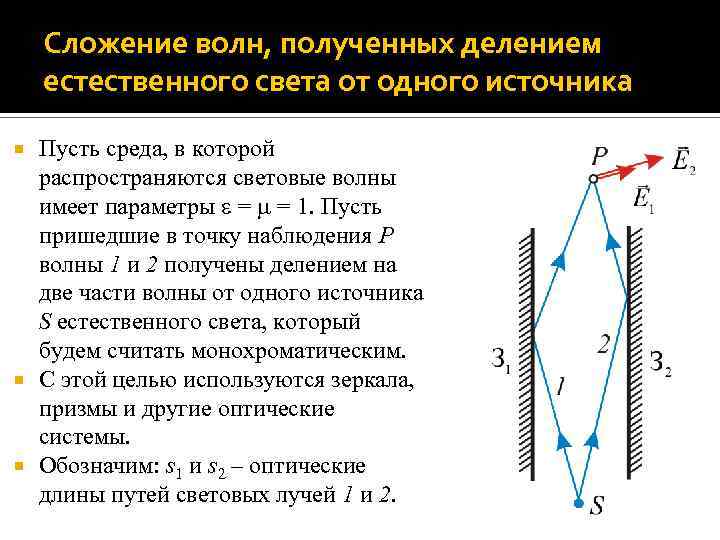 Сложение волн, полученных делением естественного света от одного источника Пусть среда, в которой распространяются