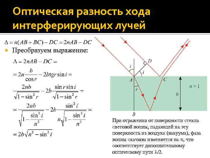 При отражении от тонкой пленки см рисунок интерферируют световые лучи