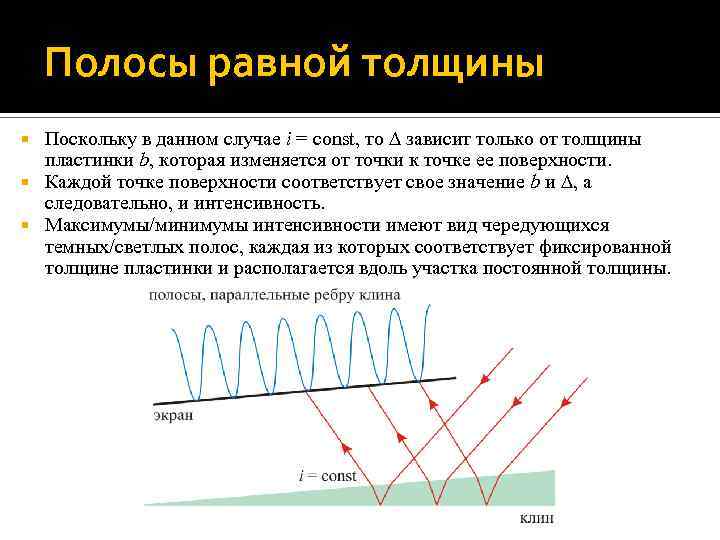 Полосы равной толщины Поскольку в данном случае i = const, то зависит только от