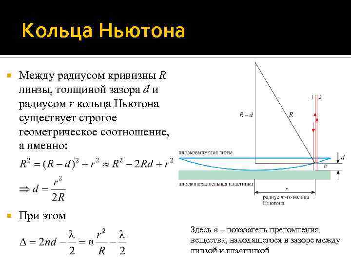 Кольца Ньютона Между радиусом кривизны R линзы, толщиной зазора d и радиусом r кольца