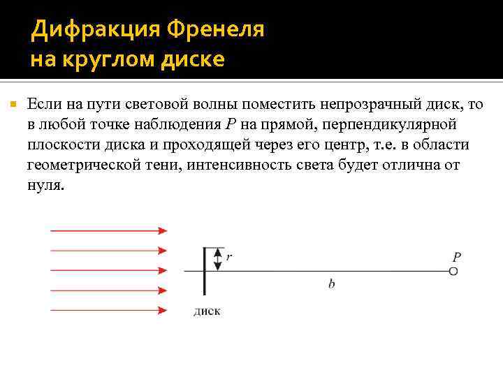 Дифракция Френеля на круглом диске Если на пути световой волны поместить непрозрачный диск, то