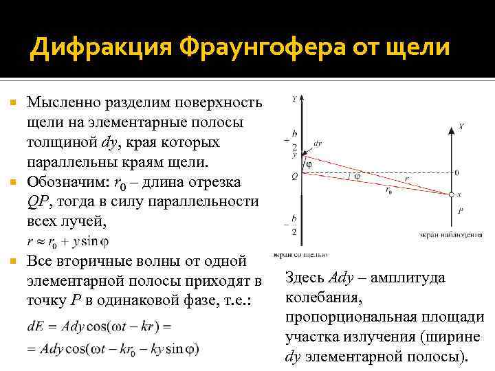 Дифракция Фраунгофера от щели Мысленно разделим поверхность щели на элементарные полосы толщиной dy, края