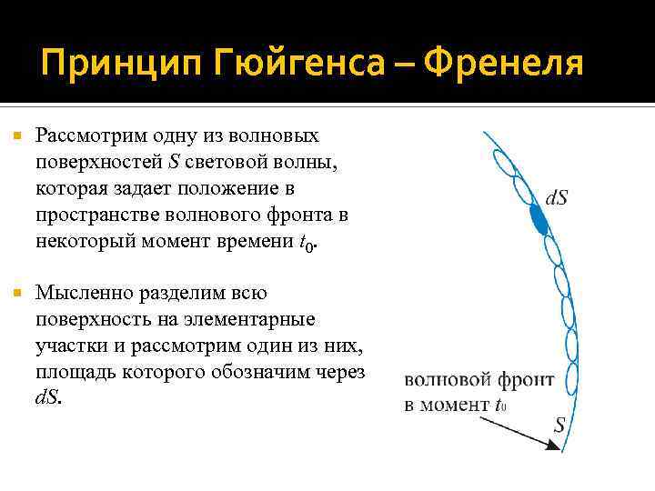 Принцип Гюйгенса – Френеля Рассмотрим одну из волновых поверхностей S световой волны, которая задает