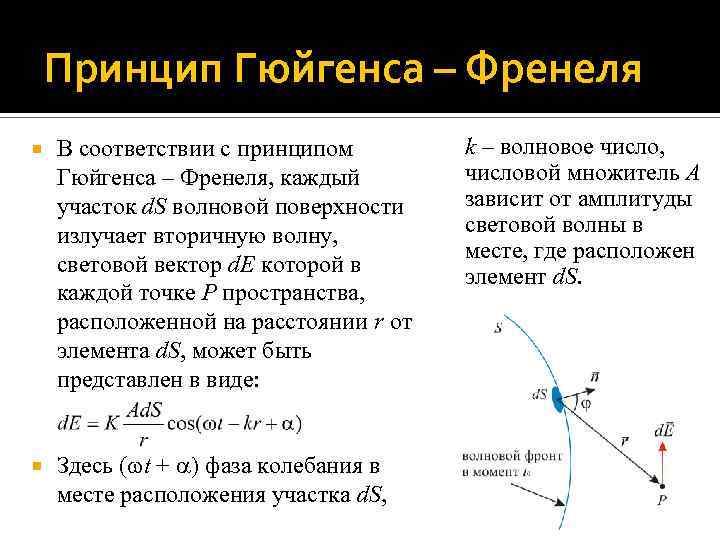 Принцип Гюйгенса – Френеля В соответствии с принципом Гюйгенса – Френеля, каждый участок d.