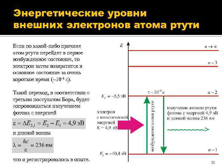 Энергетические уровни внешних электронов атома ртути Если по какой-либо причине атом ртути перейдет в