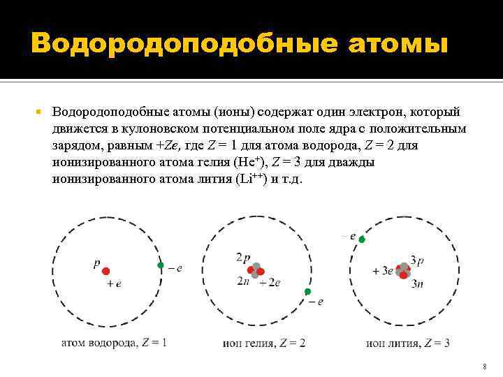 Водородоподобные атомы (ионы) содержат один электрон, который движется в кулоновском потенциальном поле ядра с