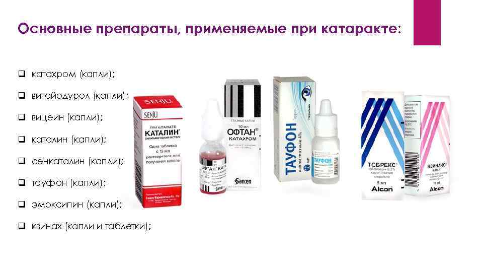 Основные препараты, применяемые при катаракте: q катахром (капли); q витайодурол (капли); q вицеин (капли);