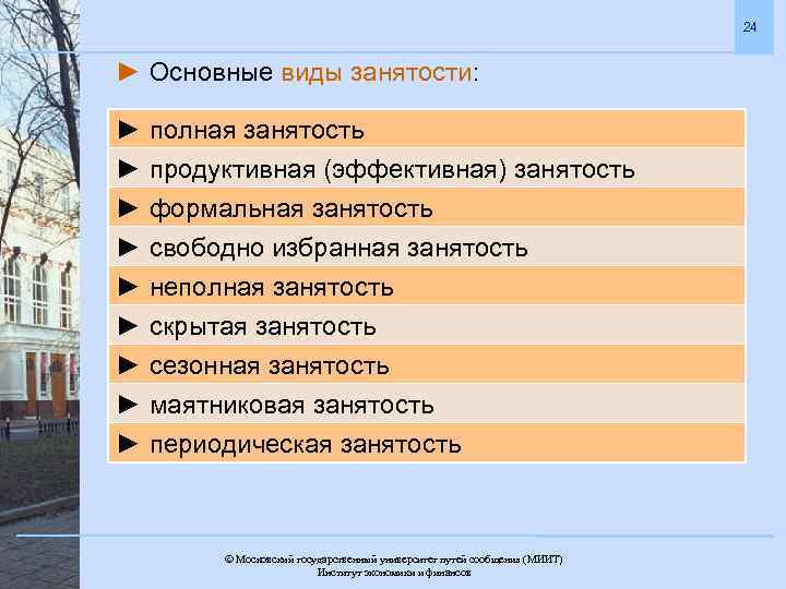 24 ► Основные виды занятости: ► полная занятость ► продуктивная (эффективная) занятость ► формальная