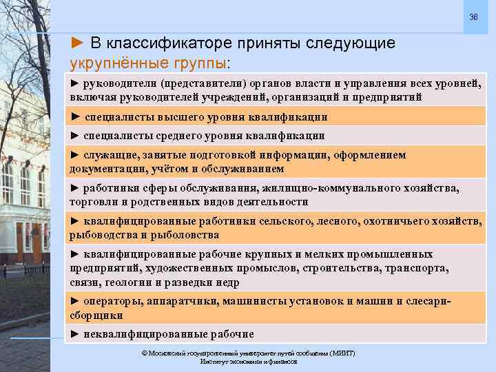 36 ► В классификаторе приняты следующие укрупнённые группы: ► руководители (представители) органов власти и