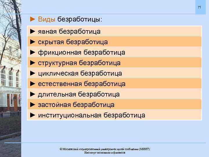 71 ► Виды безработицы: ► явная безработица ► скрытая безработица ► фрикционная безработица ►