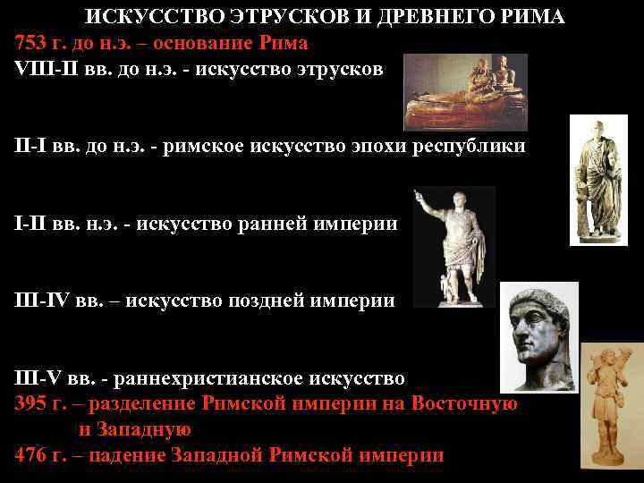 ИСКУССТВО ЭТРУСКОВ И ДРЕВНЕГО РИМА 753 г. до н. э. – основание Рима VIII-II