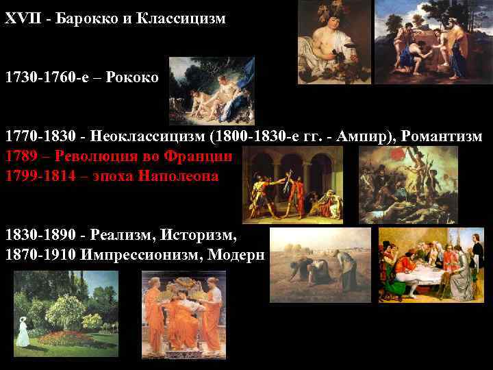 XVII - Барокко и Классицизм 1730 -1760 -е – Рококо 1770 -1830 - Неоклассицизм