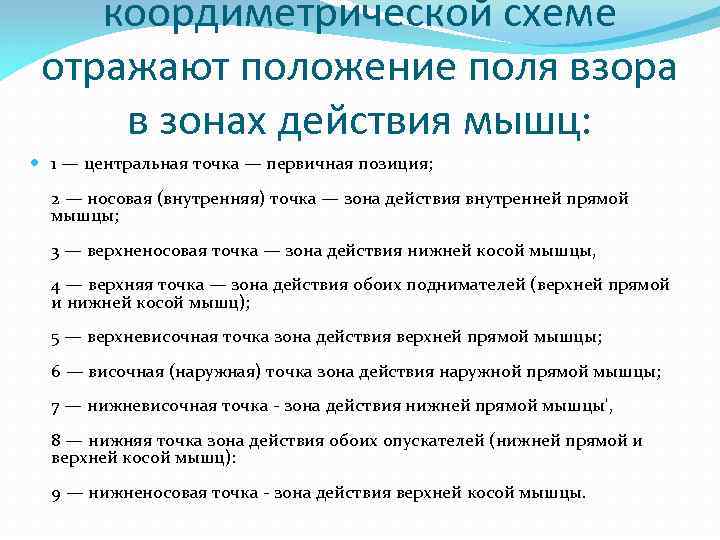 коордиметрической схеме отражают положение поля взора в зонах действия мышц: 1 — центральная точка