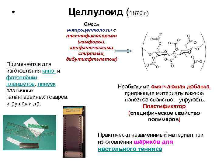  • Целлулоид (1870 г) Смесь нитроцеллюлозы с пластификаторами (камфорой, алифатическими спиртами, дибутилфталатом) Применяется
