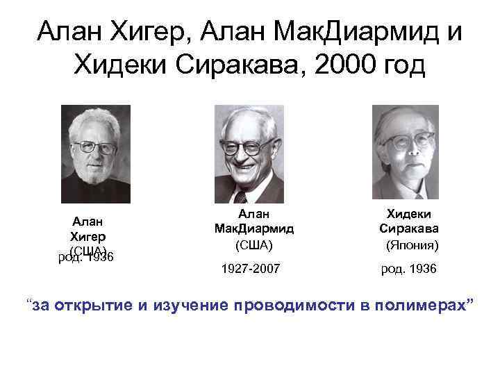 Алан Хигер, Алан Мак. Диармид и Хидеки Сиракава, 2000 год Алан Хигер (США) род.