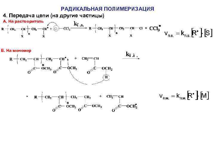 РАДИКАЛЬНАЯ ПОЛИМЕРИЗАЦИЯ 4. Передача цепи (на другие частицы) А. На растворитель Б. На мономер