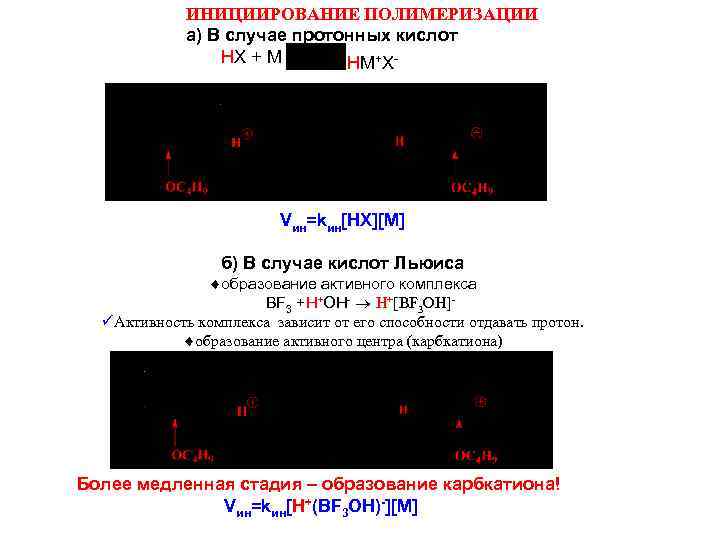 ИНИЦИИРОВАНИЕ ПОЛИМЕРИЗАЦИИ а) В случае протонных кислот HX + M HM+X- Vин=kин[HX][M] б) В