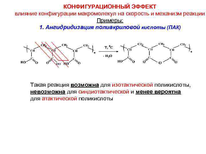 КОНФИГУРАЦИОННЫЙ ЭФФЕКТ влияние конфигурации макромолекул на скорость и механизм реакции Примеры: 1. Ангидридизация полиакриловой