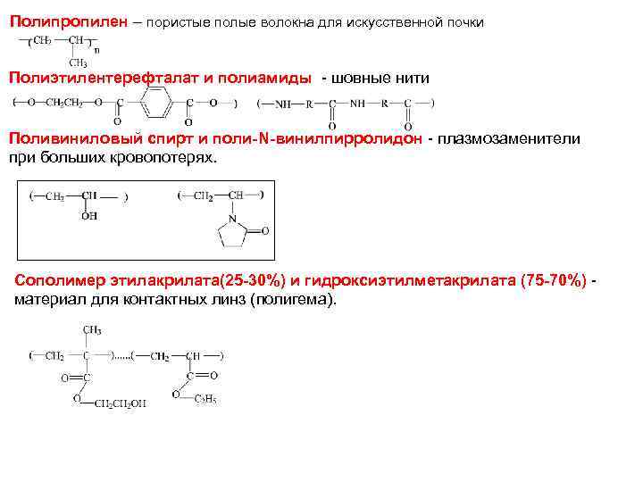 Полипропилен – пористые полые волокна для искусственной почки Полиэтилентерефталат и полиамиды - шовные нити