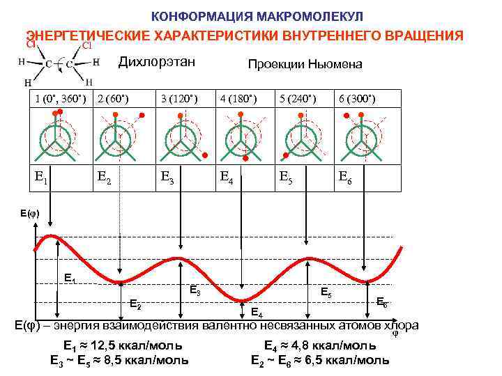 КОНФОРМАЦИЯ МАКРОМОЛЕКУЛ ЭНЕРГЕТИЧЕСКИЕ ХАРАКТЕРИСТИКИ ВНУТРЕННЕГО ВРАЩЕНИЯ Дихлорэтан Проекции Ньюмена 1 (0˚, 360˚) 2 (60˚)