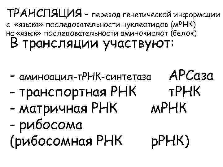 ТРАНСЛЯЦИЯ – перевод генетической информации с «языка» последовательности нуклеотидов (м. РНК) на «язык» последовательности