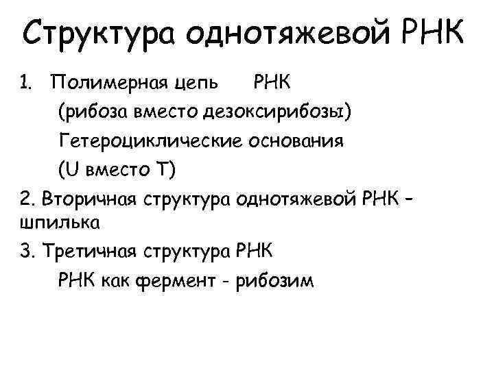Структура однотяжевой РНК 1. Полимерная цепь РНК (рибоза вместо дезоксирибозы) Гетероциклические основания (U вместо