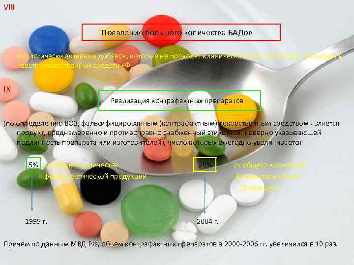 VIII Появление большого количества БАДов - Биологически активных добавок, которые не проходят клинические испытания.
