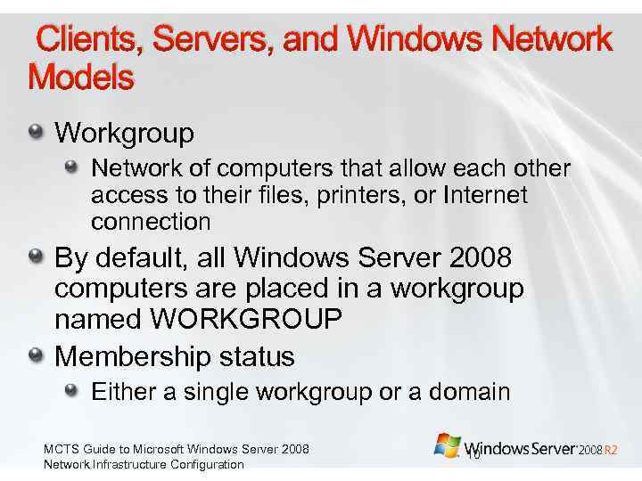  Clients, Servers, and Windows Network Models Workgroup Network of computers that allow each