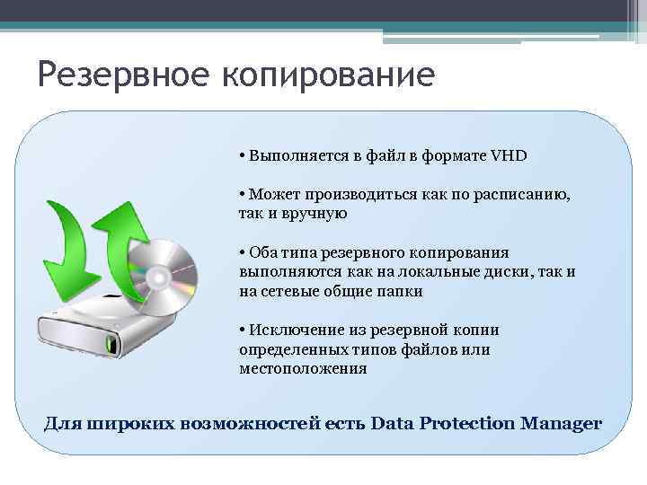 Резервное копирование • Выполняется в файл в формате VHD • Может производиться как по
