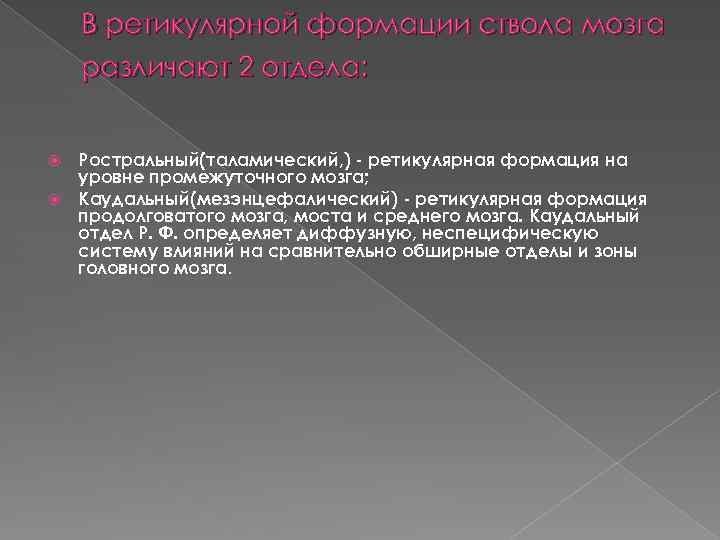 В ретикулярной формации ствола мозга различают 2 отдела: Ростральный(таламический, ) ретикулярная формация на уровне