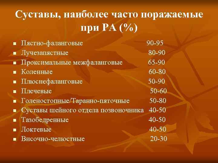 Суставы, наиболее часто поражаемые при РА (%) n n n Пястно-фаланговые Лучезапястные Проксимальные межфаланговые