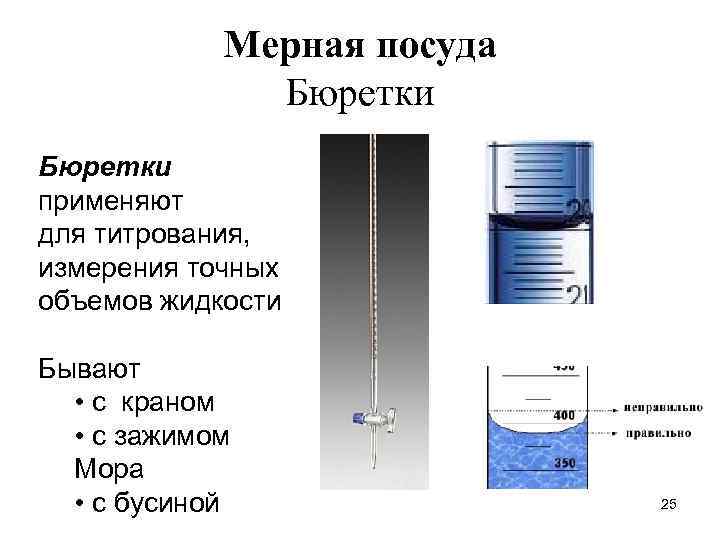 Мерная посуда Бюретки применяют для титрования, измерения точных объемов жидкости Бывают • с краном