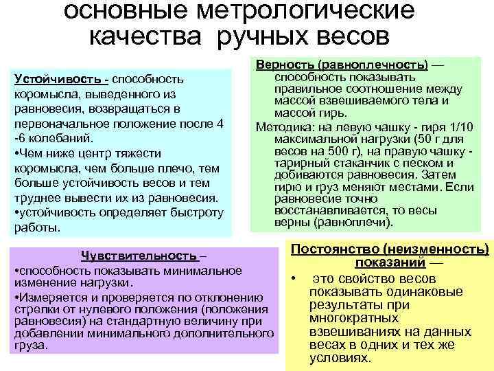 основные метрологические качества ручных весов Устойчивость - способность коромысла, выведенного из равновесия, возвращаться в