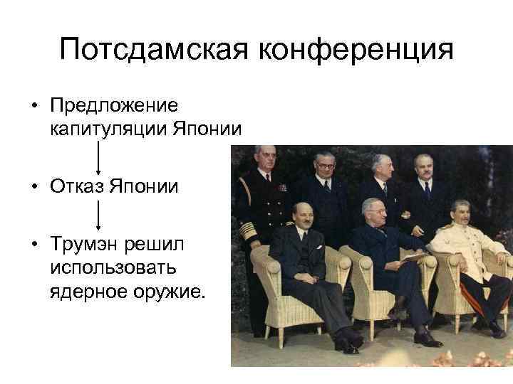 Потсдамская конференция • Предложение капитуляции Японии • Отказ Японии • Трумэн решил использовать ядерное