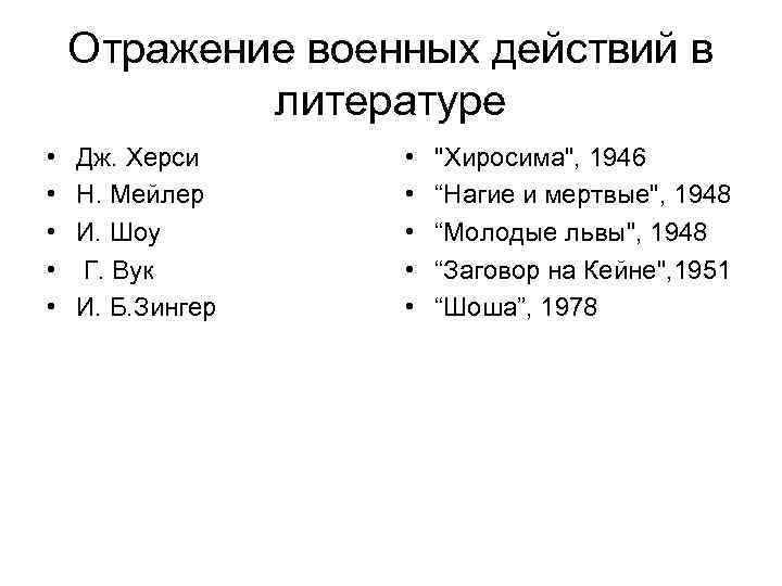 Отражение военных действий в литературе • • • Дж. Херси Н. Мейлер И. Шоу