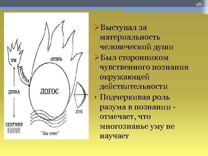 18 ØВыступал за материальность человеческой души ØБыл сторонником чувственного познания окружающей действительности • Подчеркивая