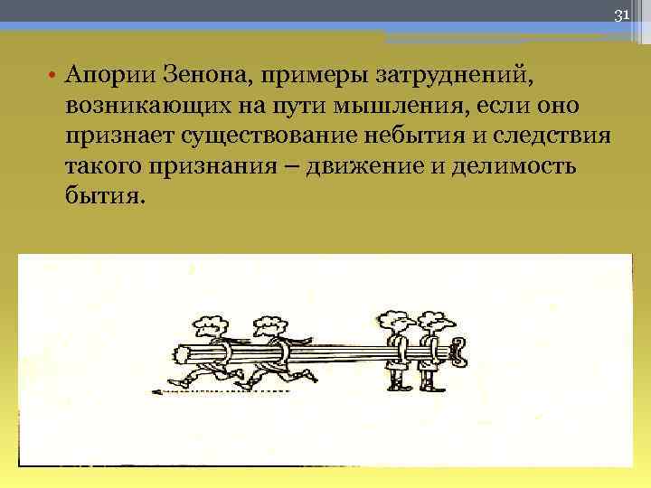 31 • Апории Зенона, примеры затруднений, возникающих на пути мышления, если оно признает существование